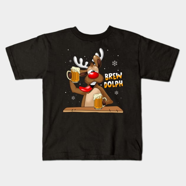 Brewdolph Reindeer Rudolph Beer Drinking Christmas Kids T-Shirt by Dunnhlpp